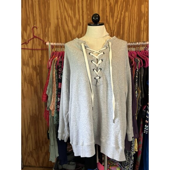 Aerie Lace Up Oversized Crew Sweatshirt Grey Long Sleeve Distressed Sz L - Picture 2 of 13